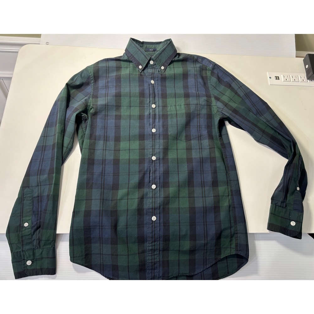 J.Crew Flex Washed Slim Fit Shirt Small Black Watch Plaid Green Navy Blue